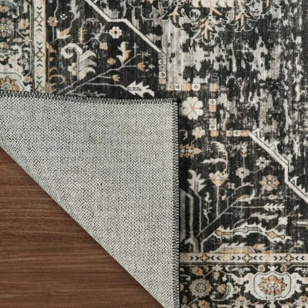New 8x10 Black Vintage Rug, Washable Stain-Resistant Non-Slip Carpet for Home
